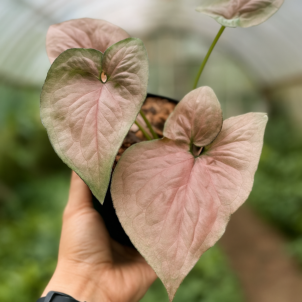 Macro of Syngonium Pink Perfection leaf with soft pink tones and veining, decorative indoor houseplant