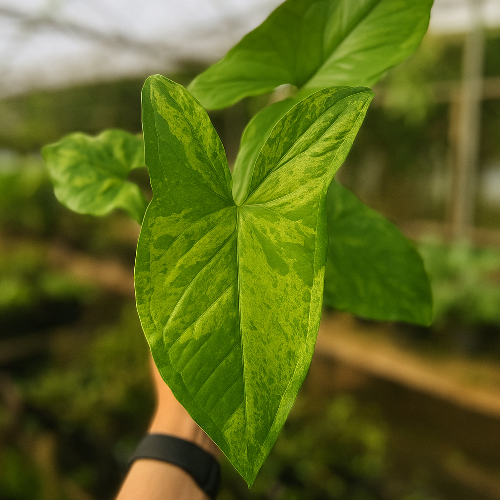 Syngonium Mojito close-up highlighting lime-splashed variegation on arrowhead leaf, tropical aroid