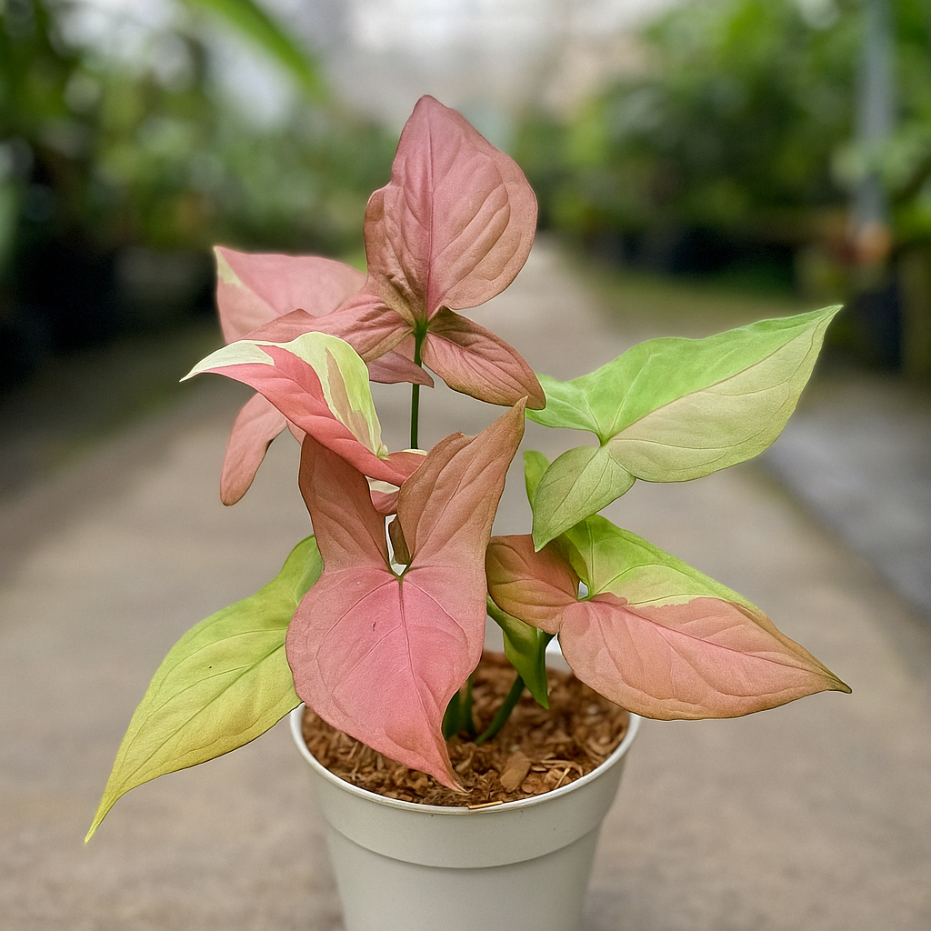 Syngonium Pink Salmon. rare pink variegated arrowhead vine in nursery pot, healthy aroid houseplant with multicolored foliage.