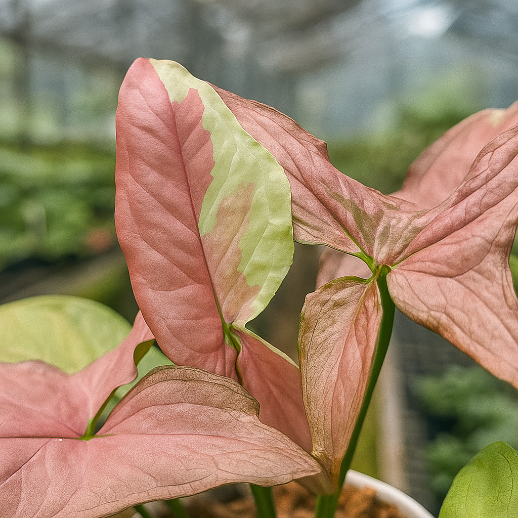 Close-up leaf of Syngonium Pink Salmon showing pink, mint, and cream sectoral variegation. collectible indoor aroid.