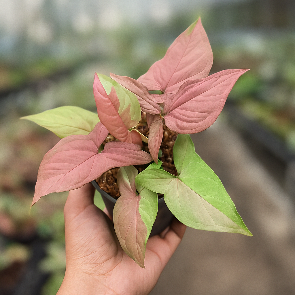 Top view Syngonium Pink Salmon in pot. lush pink and green variegated foliage, easy arrowhead vine houseplant.