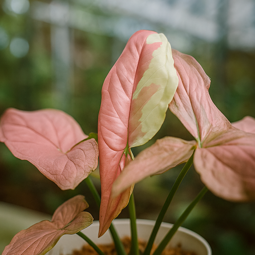 Detail of Syngonium Pink Salmon leaf with vivid pink tones and creamy variegation – rare aroid for indoor décor.