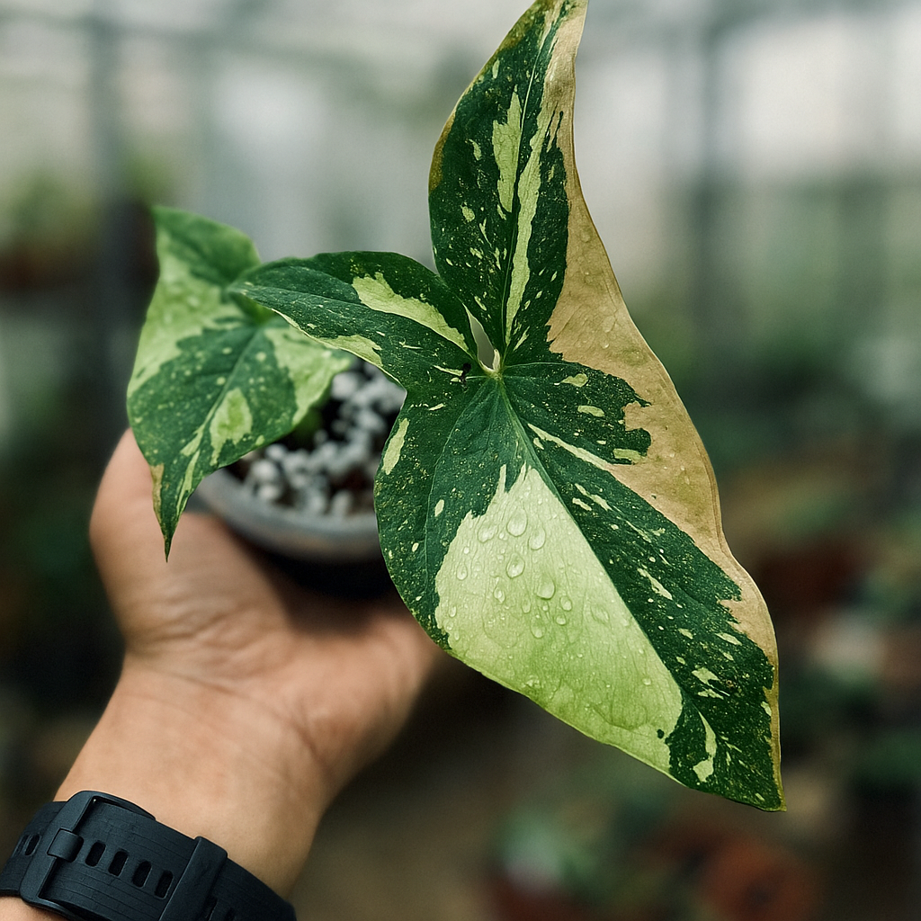 Syngonium Red Spot Tricolor. green, cream and pink mottled leaves, highly variegated arrowhead vine for indoor collections.