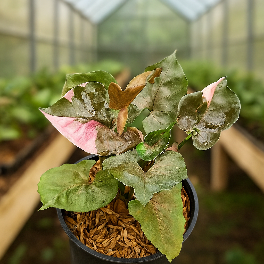 Syngonium pink variety. blush and chocolate leaves with subtle variegation, decorative arrowhead houseplant in pot.
