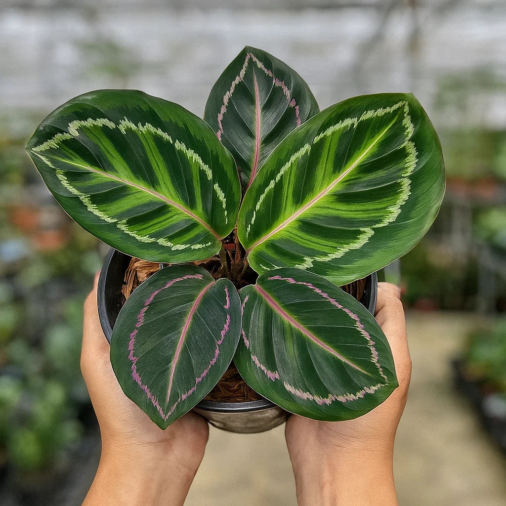 Potted Calathea Roseopicta Illustris with green leaves with white and pink veins held by a person.