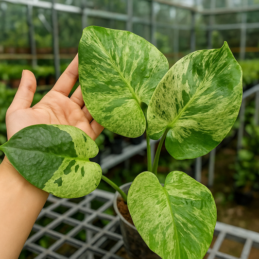 Hand holding a Monstera Bulbasaur with a blurred greenhouse background