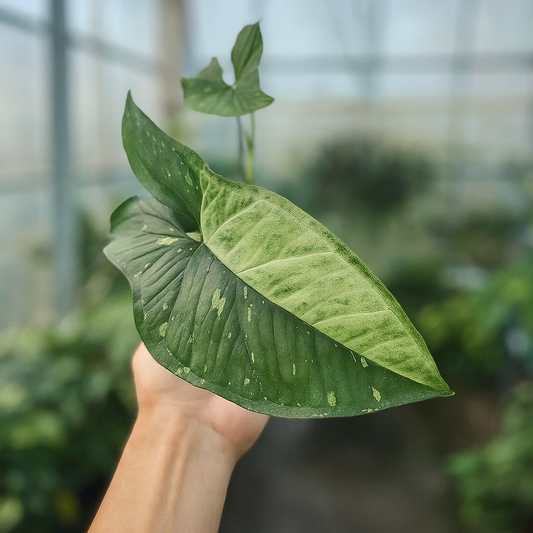Syngonium Panda with green mottled variegation on large arrowhead leaf, tropical indoor aroid plant
