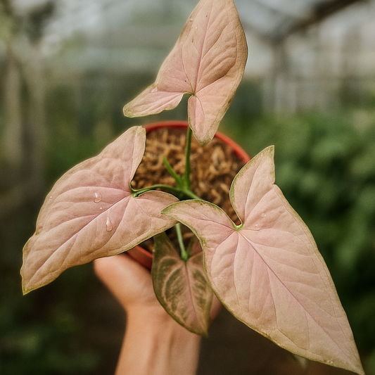 Syngonium Pink. soft blush arrowhead leaves, compact indoor vine, beginner-friendly live houseplant.