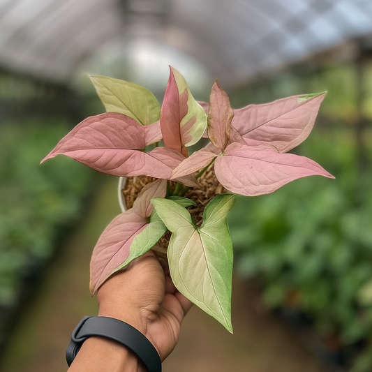Syngonium Pink Salmon. green leaves with bold pink and cream sectors, premium variegated arrowhead houseplant.