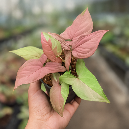 Top view Syngonium Pink Salmon in pot. lush pink and green variegated foliage, easy arrowhead vine houseplant.