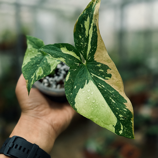 Syngonium Red Spot Tricolor. green, cream and pink mottled leaves, highly variegated arrowhead vine for indoor collections.