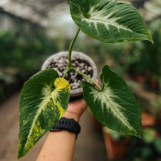 Syngonium Scrambled Eggs. striking green leaves with creamy yellow variegation, rare arrowhead aroid, rooted live plant.