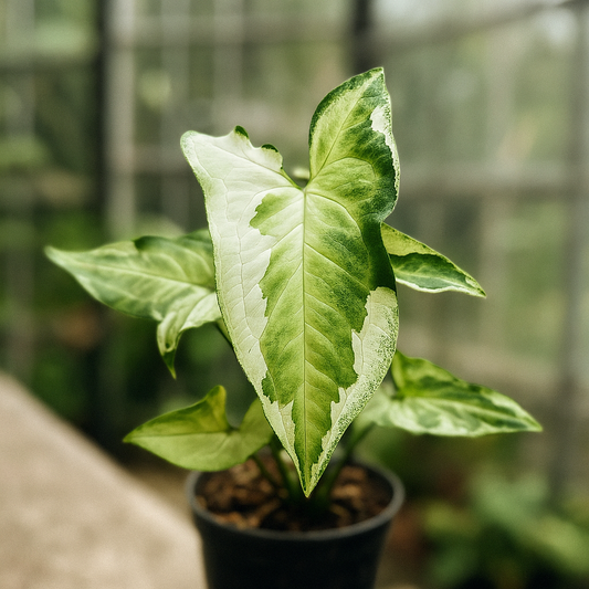 Syngonium Three Kings. minty white and emerald mottled leaves, collectible variegated arrowhead vine houseplant.