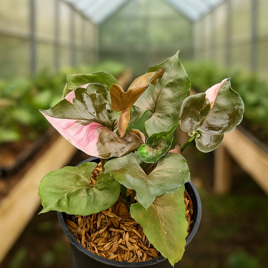 Syngonium pink variety. blush and chocolate leaves with subtle variegation, decorative arrowhead houseplant in pot.